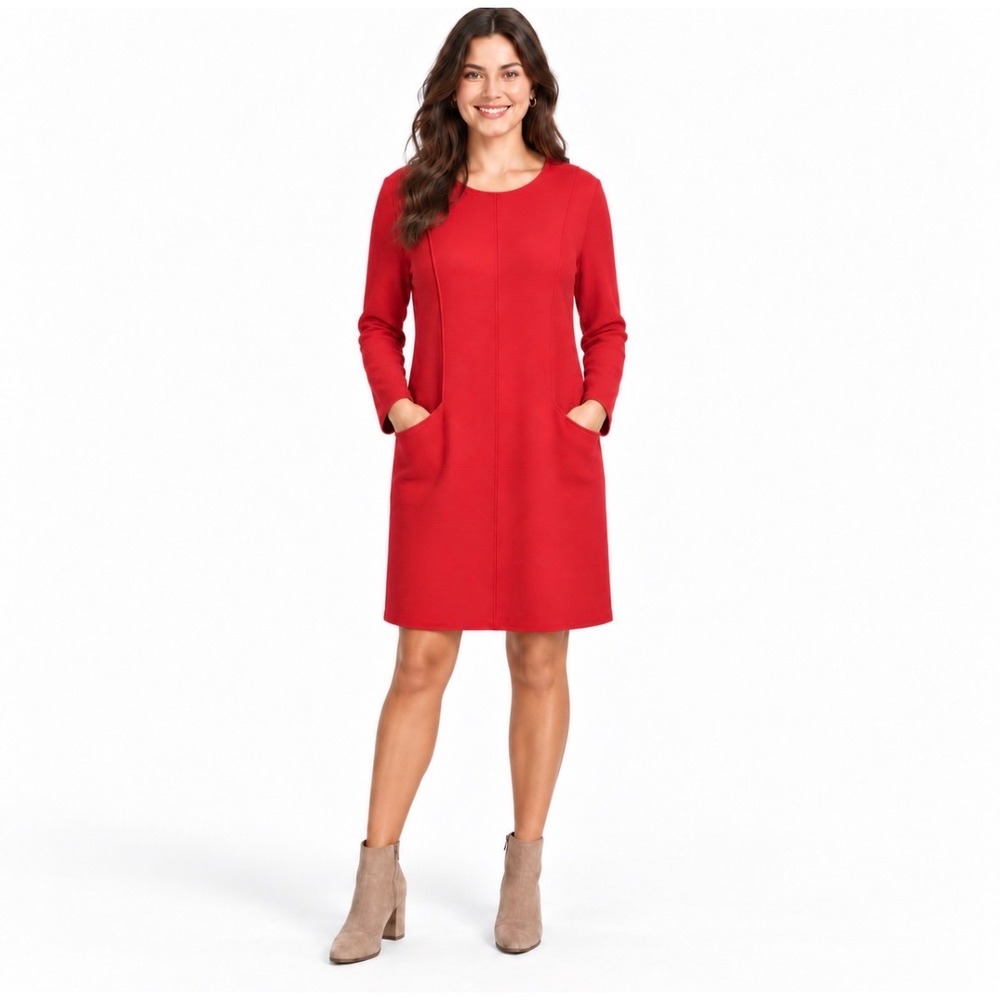 Boden Red Ottoman Ribbed Shift Dress US 16-18R Long Sleeve Pocket J0603